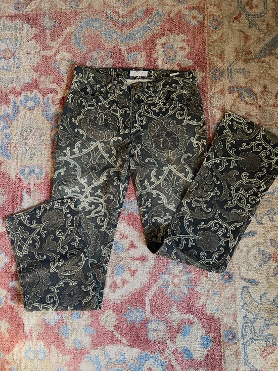 Roberto Cavalli Pants - Roberto Cavalli Vintage Olive Metallic Baroque Print Jeans — Size 31